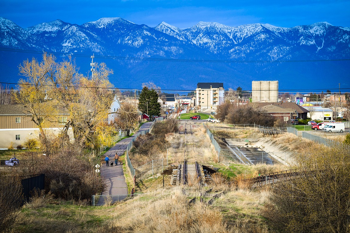 Shown is part of a 14.4 acre parcel of BNSF Railway land and a section of the Great Northern Historical Trail west of Meridian Road in Kalispell on Tuesday, April 25. Kalispell City Council recently gave the go-ahead to purchase the tract of land to extend the Parkline Trail. (Casey Kreider/Daily Inter Lake)