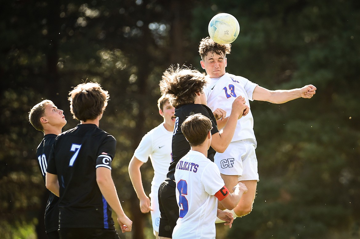 Columbia Falls' Max Everett (13) scores on a header in the second half against Bigfork at Carlyle Johnson Park in Bigfork on Tuesday, Sept. 5. (Casey Kreider/Daily Inter Lake)