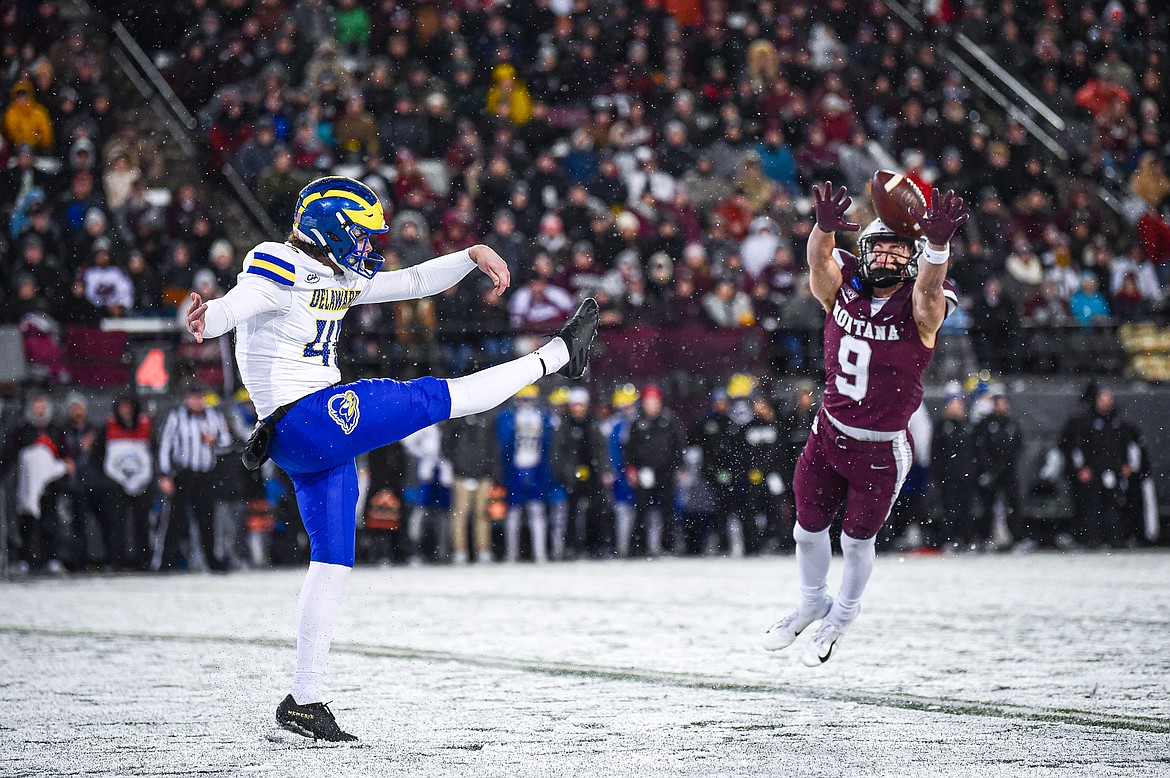 Grizzlies defender Sawyer Racanelli (9) blocks a punt in the first quarter against Delaware on Saturday, Dec. 2. (Casey Kreider/Daily Inter Lake)