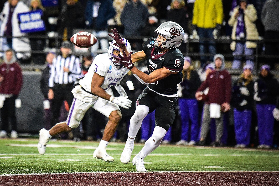 Grizzlies wide receiver Keelan White (6) catches the game-winning 13-yard touchdown reception in overtime of an FCS Playoff game against Furman at Washington-Grizzly Stadium on Friday, Dec. 8. (Casey Kreider/Daily Inter Lake)