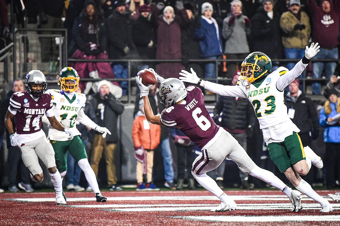 Grizzlies wide receiver Keelan White (6) catches a tipped pass in the end zone for a two-point conversion in overtime against North Dakota State in the FCS semifinals at Washington-Grizzly Stadium on Saturday, Dec. 16. (Casey Kreider/Daily Inter Lake)