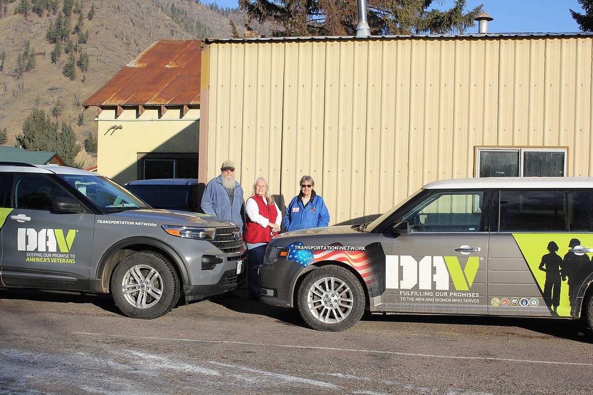 From left, Glenn Koepke, Mary Jo Berry and Ginny Tubbs are volunteer drivers for Mineral County Disabled American Veterans. The make trips to the Dave Thatcher VA Clinic in Missoula every day, and sometimes twice. Their newest of three vehicles had 25 miles on it when they picked it up in Helena last month. To become a driver, call Marry Jo Berry at (406) 822-2213. (Monte Turner/Mineral Independent)