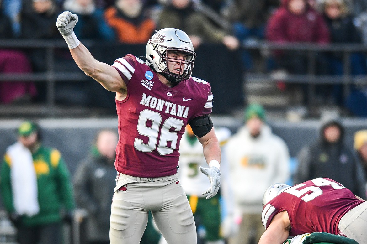 GRIZZLIES DEFENSIVE END Henry Nuce (96) celebrates a stop in Montana's 31-29 double overtime win over North Dakota State on Dec. 16. (Casey Kreider/Daily Inter Lake)