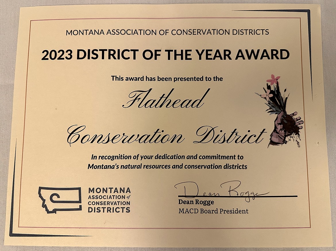 The certificate that the Flathead Conservation District received for their work in 2023. (Photo courtesy of the Flathead Conservation District)