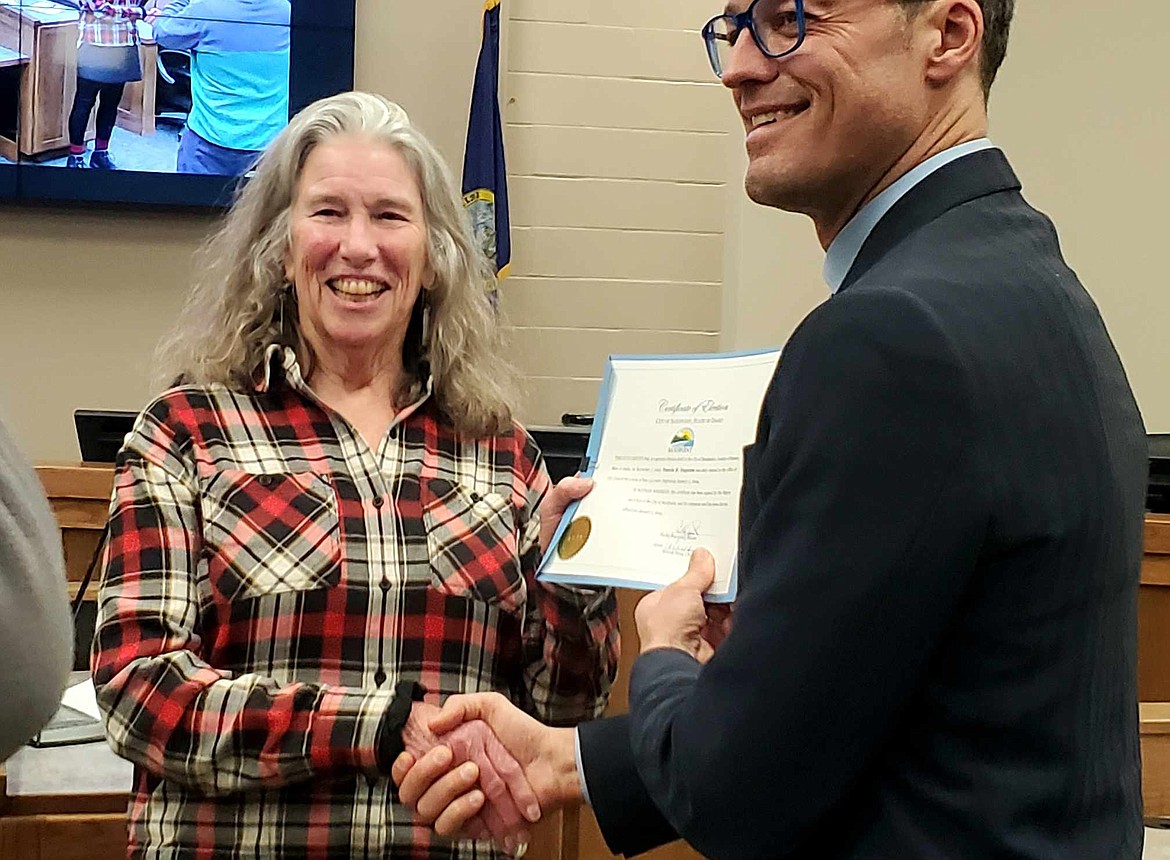 Counilor Pam Duquette after being sworn in for her first council meeting.