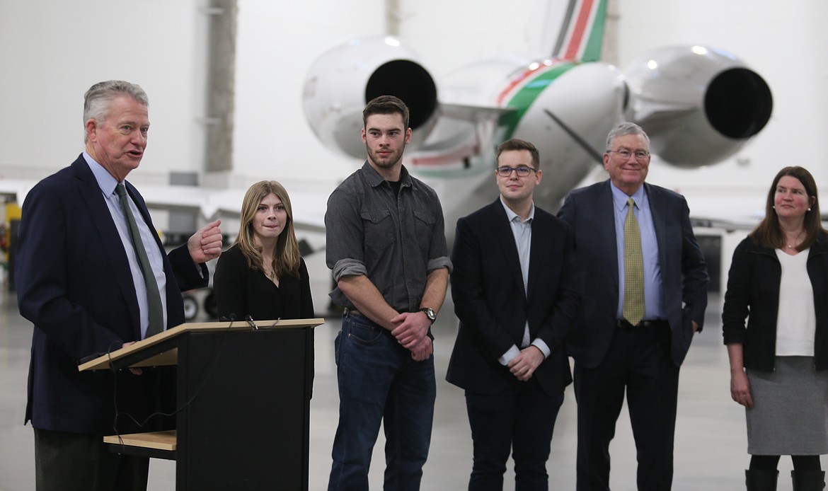 Gov. Brad Little shares news about receiving 12,588 applications for Idaho LAUNCH grants as he speaks during a press conference Thursday. From left: Little; Timberlake High School seniors Alycia Cameron and Andrew Pettibone; Timberlake college and career counselor Sebastian Kelley; Lt. Gov. Scott Bedke; and Idaho Workforce Development Council Executive Director Wendi Secrist.