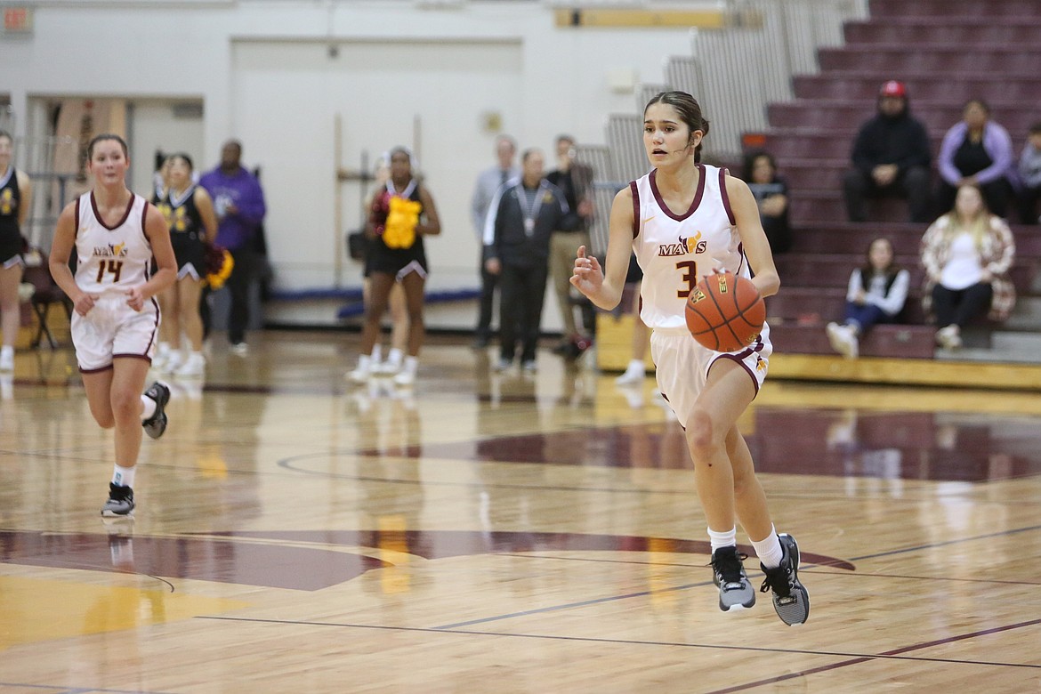 Moses Lake freshman Graycie Kast, right, dribbles the ball up the floor against Pasco on Dec. 12.