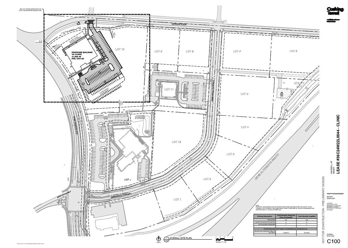 A preliminary site map shows early plans for the new Veterans Affairs clinic set to open in Kalispell in 2025. City planning officials said since it's so early in the planning process, the map is likely to change. (photo provided)