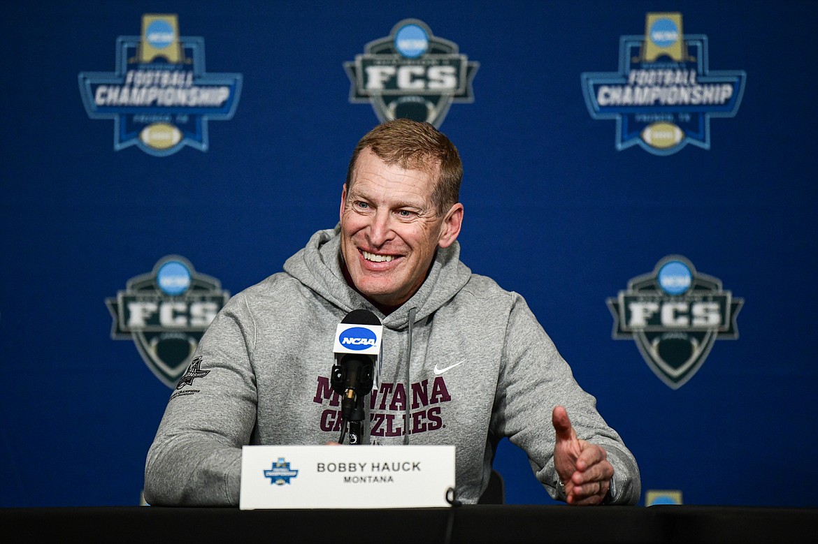 Montana Grizzlies head coach Bobby Hauck responds to a question during FCS Media Day at Toyota Stadium in Frisco, Texas, on Friday, Jan. 5. (Casey Kreider/Daily Inter Lake)