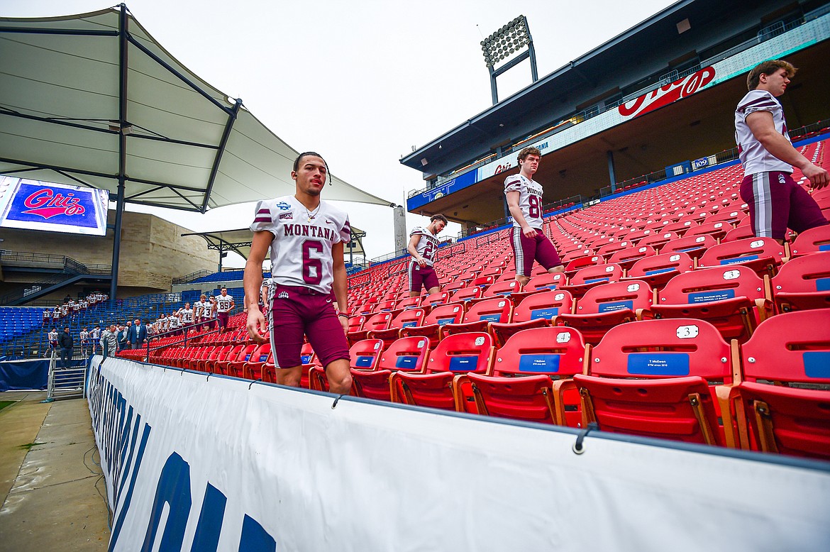 Montana Grizzlies wide receiver Keelan White (6) and fellow teammates file into Toyota Stadium for a team picture during FCS Media Day in Frisco, Texas, on Friday, Jan. 5. (Casey Kreider/Daily Inter Lake)