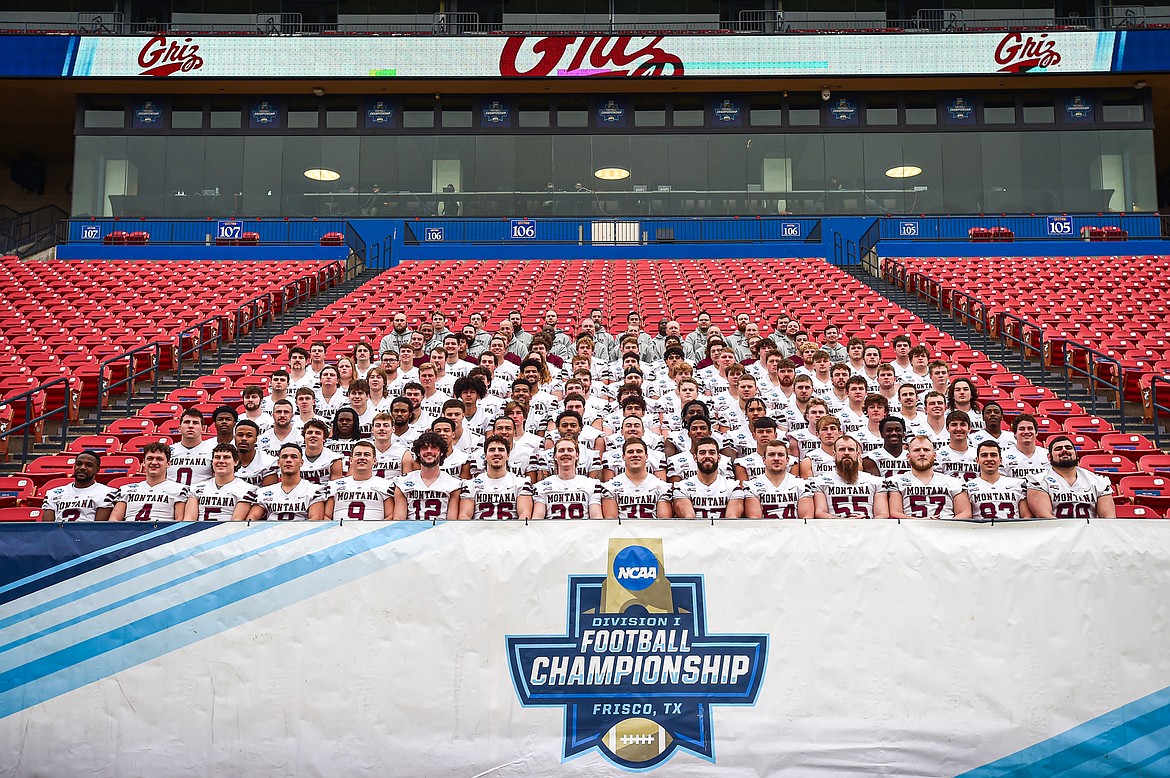 The Montana Grizzlies pose for a team picture during FCS Media Day at Toyota Stadium in Frisco, Texas, on Friday, Jan. 5. (Casey Kreider/Daily Inter Lake)