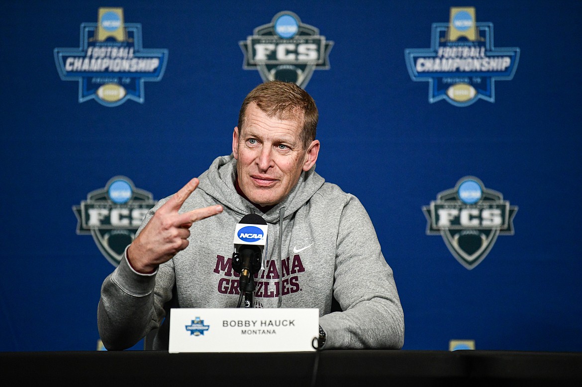 Montana head coach Bobby Hauck responds to a question about former Grizzlies head coach Don Read, who recently passed away, during FCS Media Day at Toyota Stadium in Frisco, Texas, on Friday, Jan. 5. (Casey Kreider/Daily Inter Lake)