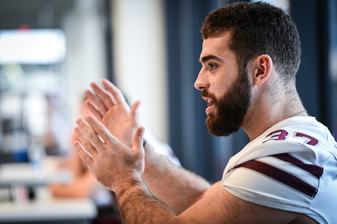 Montana Grizzlies linebacker Levi Janacaro (37) answers questions during FCS Media Day at Toyota Stadium in Frisco, Texas, on Friday, Jan. 5. (Casey Kreider/Daily Inter Lake)