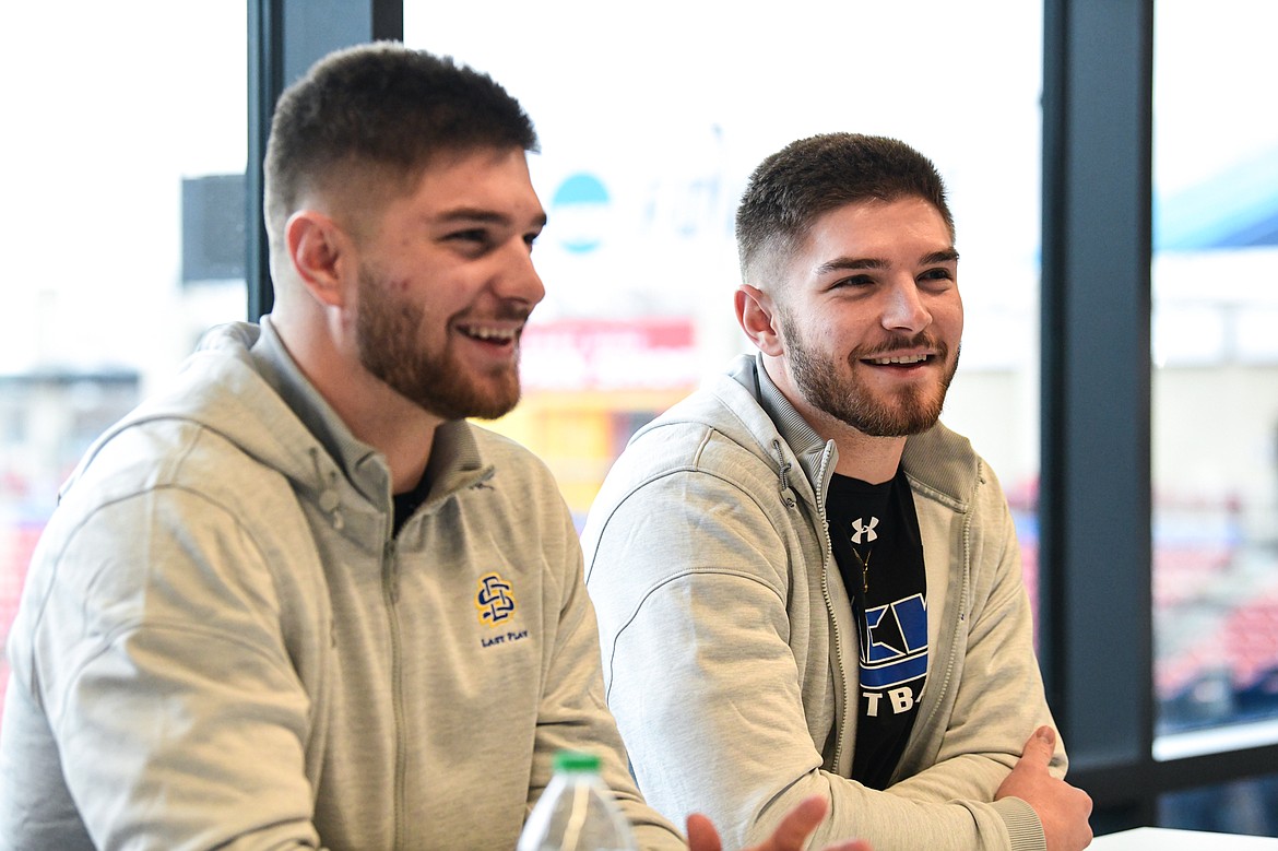 South Dakota State wide receivers Jadon and Jaxon Janke answer  questions during FCS Media Day at Toyota Stadium in Frisco, Texas, on Friday, Jan. 5. (Casey Kreider/Daily Inter Lake)