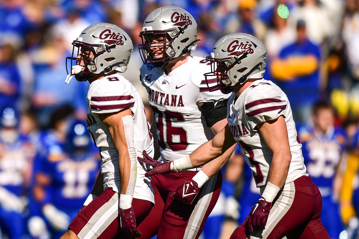 Grizzlies cornerback Corbin Walker (8) celebrates after intercepting a pass in the second quarter against South Dakota State in the FCS National Championship at Toyota Stadium in Frisco, Texas on Sunday, Jan. 7. (Casey Kreider/Daily Inter Lake)