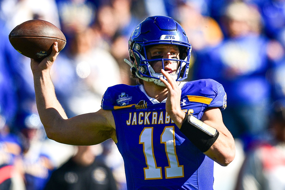 South Dakota State quarterback Mark Gronowski (11) throws in the first quarter against Montana in the FCS National Championship at Toyota Stadium in Frisco, Texas on Sunday, Jan. 7. (Casey Kreider/Daily Inter Lake)