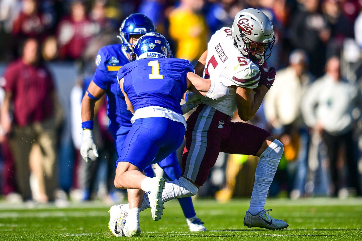 Grizzlies wide receiver Junior Bergen (5) runs after a reception in the second quarter against South Dakota State in the FCS National Championship at Toyota Stadium in Frisco, Texas on Sunday, Jan. 7. (Casey Kreider/Daily Inter Lake)