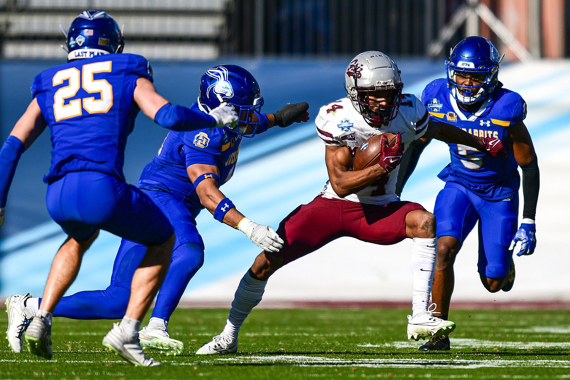 Grizzlies wide receiver Aaron Fontes (14) looks for room to run after a reception in the second quarter against South Dakota State in the FCS National Championship at Toyota Stadium in Frisco, Texas on Sunday, Jan. 7. (Casey Kreider/Daily Inter Lake)