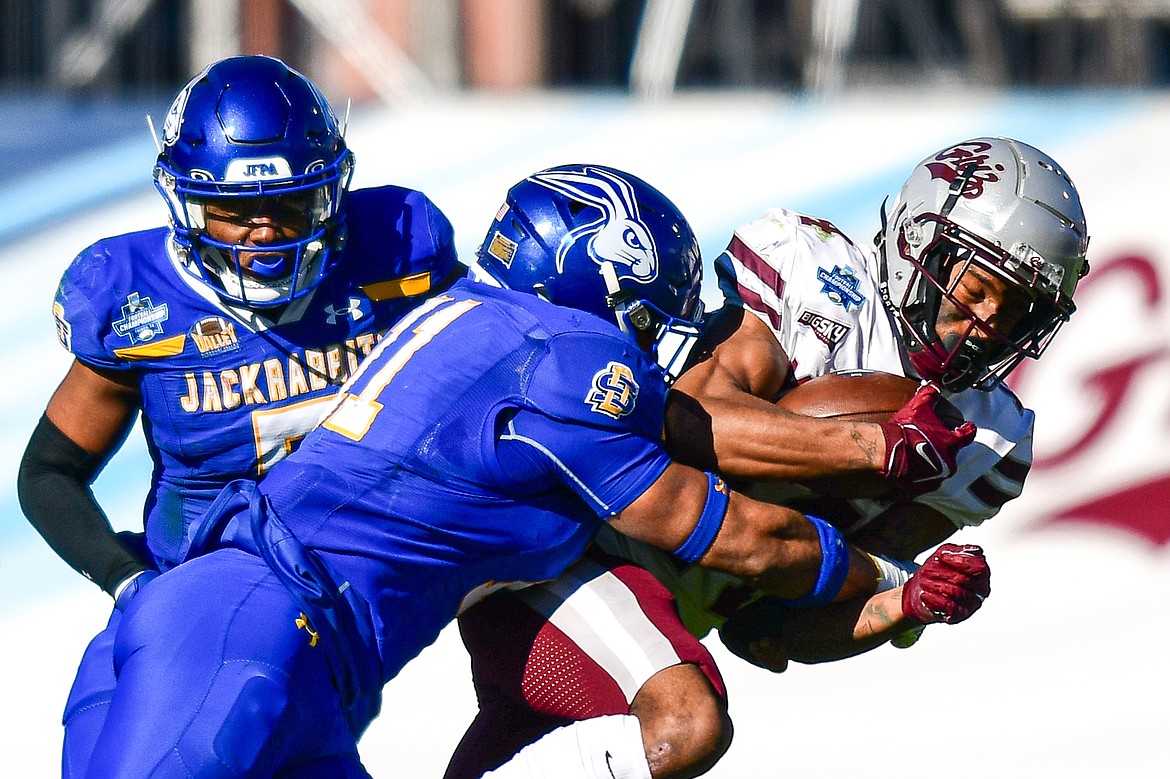 Grizzlies wide receiver Aaron Fontes (14) looks for room to run after a reception in the second quarter against South Dakota State in the FCS National Championship at Toyota Stadium in Frisco, Texas on Sunday, Jan. 7. (Casey Kreider/Daily Inter Lake)