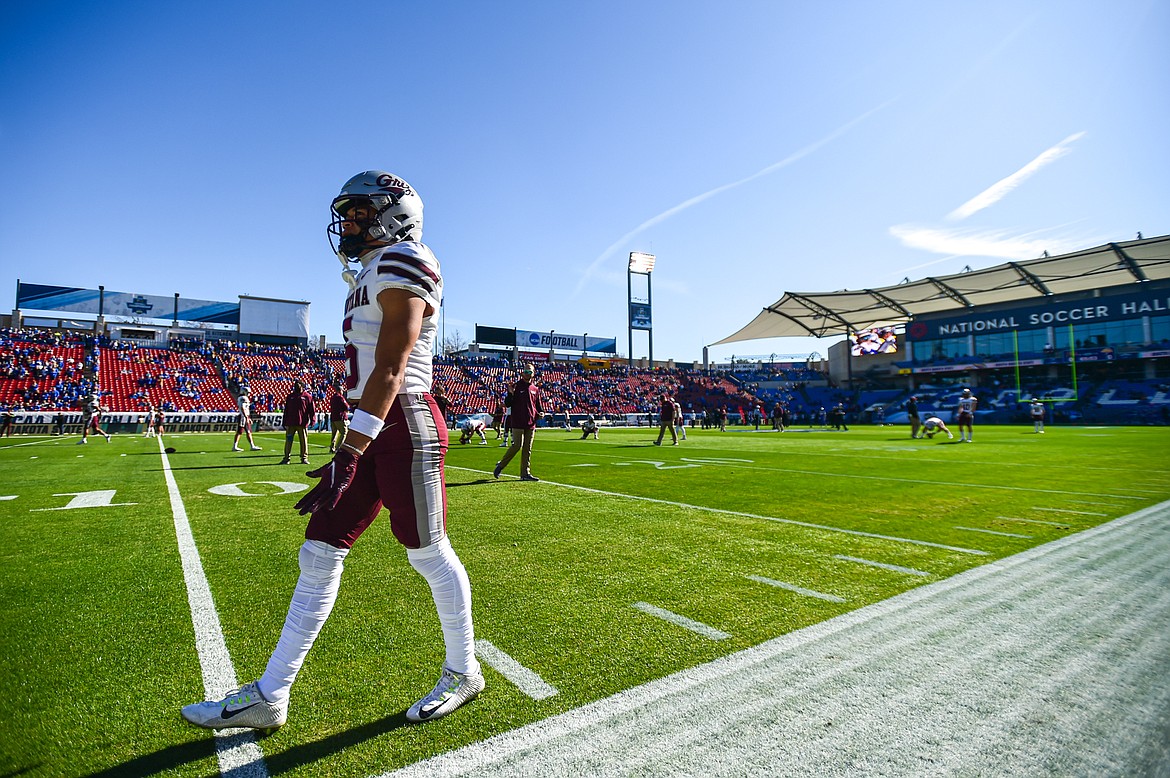 Montana wide receiver and returner Junior Bergen (5) warms up before the FCS National Championship against South Dakota State at Toyota Stadium in Frisco, Texas on Sunday, Jan. 7. (Casey Kreider/Daily Inter Lake)