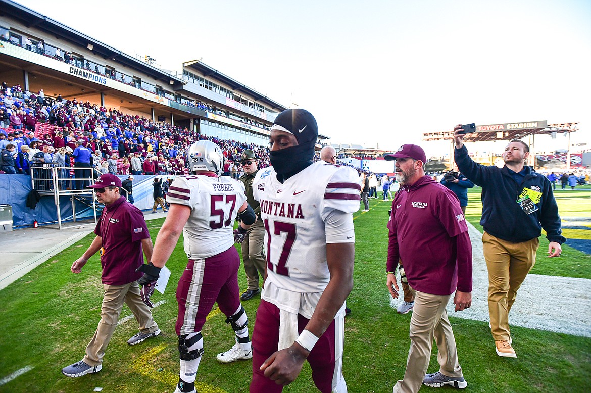 Grizzlies quarterback Clifton McDowell (17) walks off the field after Montana's 23-3 loss to South Dakota State in the FCS National Championship at Toyota Stadium in Frisco, Texas on Sunday, Jan. 7. (Casey Kreider/Daily Inter Lake)