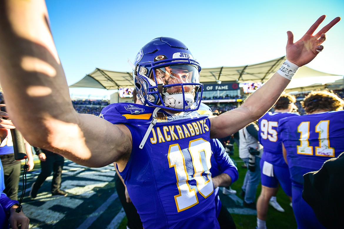 South Dakota State wide receiver Jaxon Janke (10) celebrates after a 23-3 win over Montana in the FCS National Championship at Toyota Stadium in Frisco, Texas on Sunday, Jan. 7. (Casey Kreider/Daily Inter Lake)