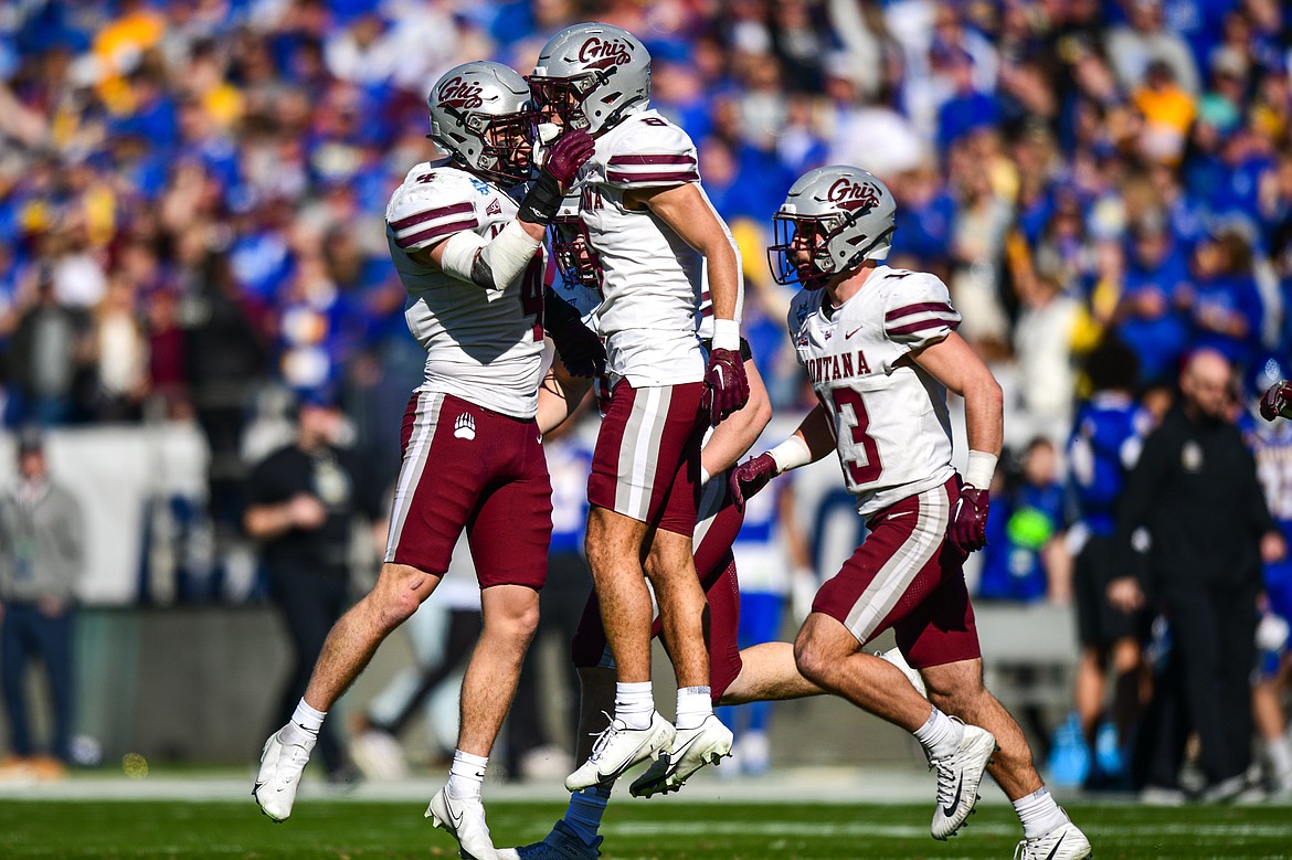 Grizzlies cornerback Corbin Walker (8) celebrates after intercepting a pass in the second quarter against South Dakota State in the FCS National Championship at Toyota Stadium in Frisco, Texas on Sunday, Jan. 7. (Casey Kreider/Daily Inter Lake)