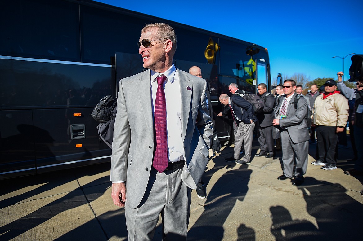 Montana head coach Bobby Hauck steps off the team bus before the FCS National Championship against the South Dakota State Jackrabbits at Toyota Stadium in Frisco, Texas on Sunday, Jan. 7. (Casey Kreider/Daily Inter Lake)