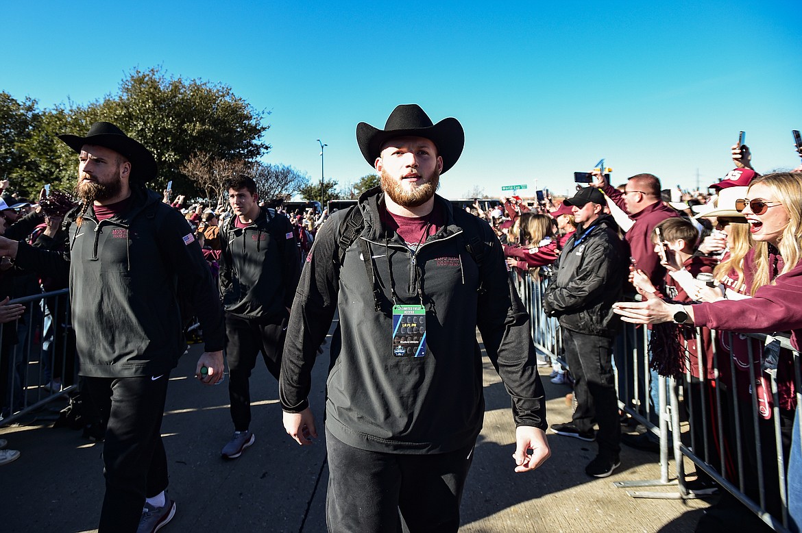 The Montana Grizzlies enter the stadium before the FCS National Championship against the South Dakota State Jackrabbits at Toyota Stadium in Frisco, Texas on Sunday, Jan. 7. (Casey Kreider/Daily Inter Lake)