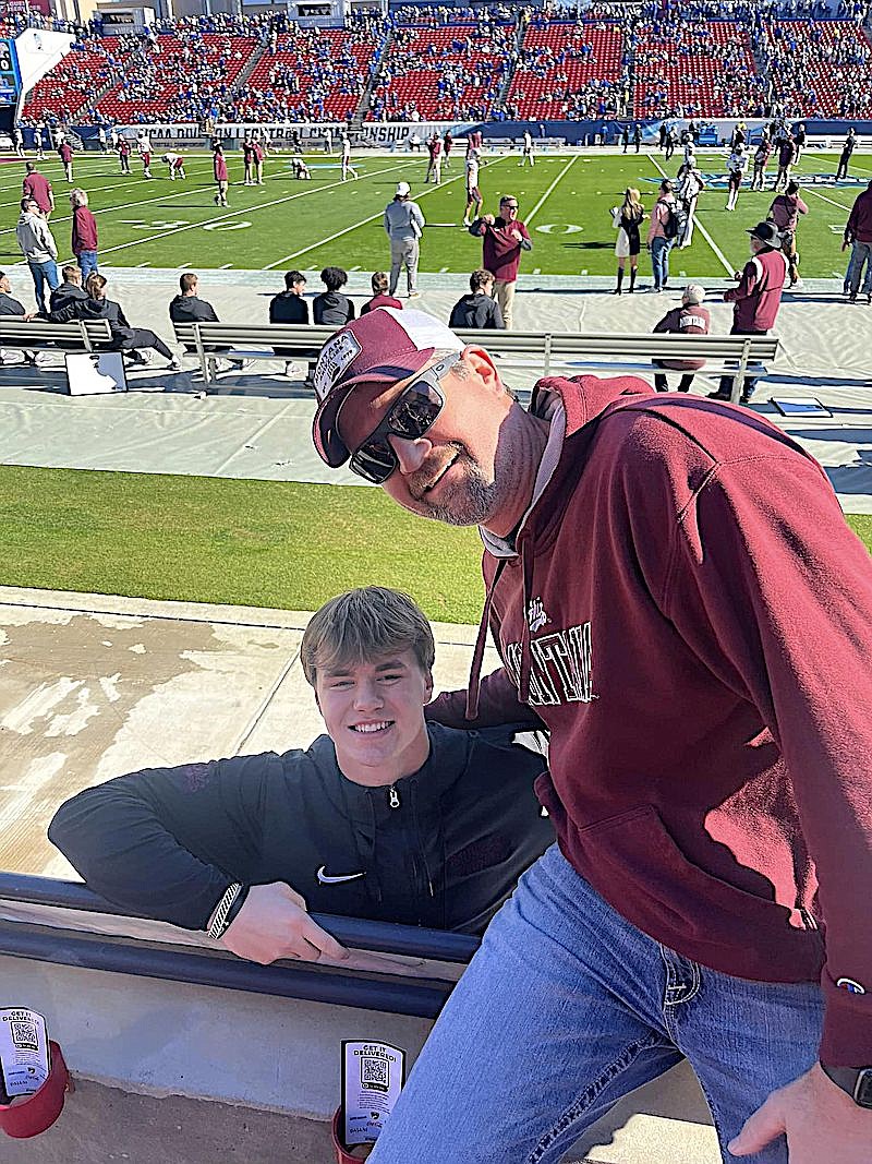 Libby Middle High School athletic director Nik Rewerts met up with former Logger standout and current Grizzlies player Cy Stevenson at the FCS championship game in Frisco, Texas, on Sunday, Jan. 7. (Photo courtesy Libby High School)