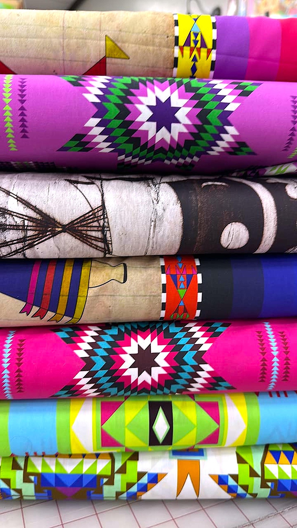 A stock of beautiful Native American fabric bolts are just a taste of all the Native American fabrics found at Swanky Sisters Mercantile in Ronan. 
(Courtesy Photo)