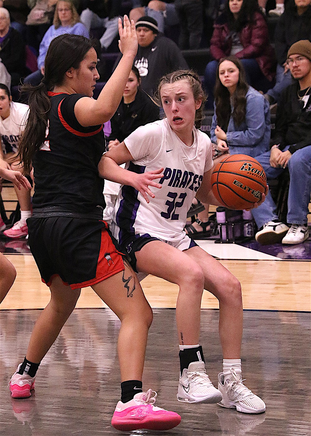 Lady Pirate Hinkley Moss is cornered on the baseline during last week's game against Browning. (Bob Gunderson photo)