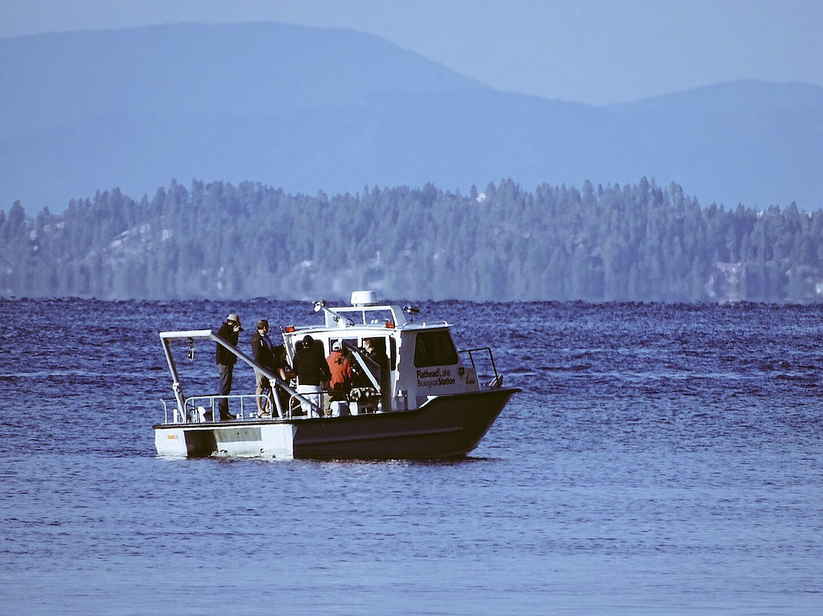"Jessie B," the Flathead Lake Biological Station's research vessel, seen on a lake. (Photo courtesy of the Flathead Lake Biological Station)