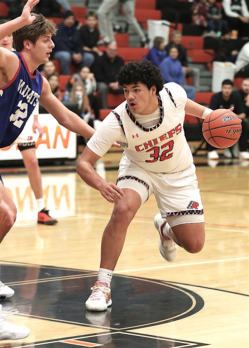 Marlo Tonasket takes the ball to the basket. He contributed 22 points to the Chief's win over Columbia Falls last Tuesday night. (Susan Lake photo)
