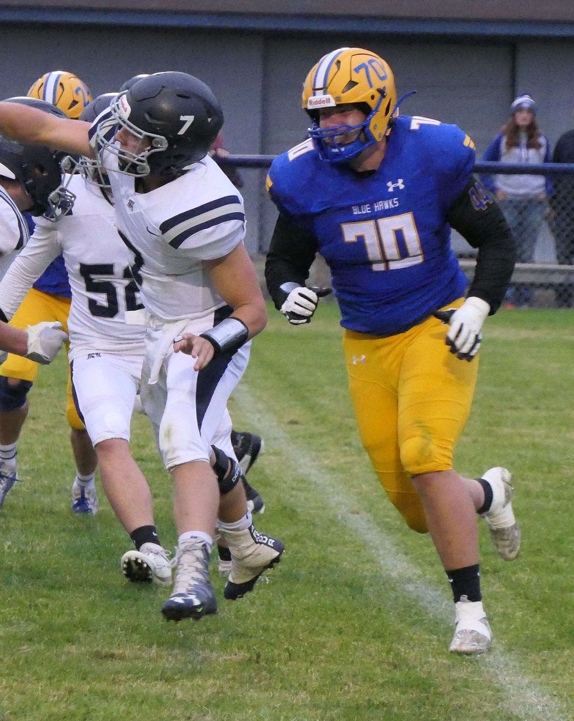 Thompson Falls defensive lineman Hayden Hanks closes in on the Anaconda quarterback during their game earlier this year.  Hanks was chosen to the West squad for the East-West Shrine game this June 15 in Billings.  (Chuck Bandel/VP-MI)