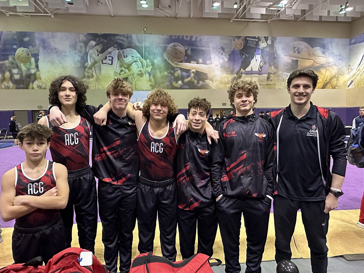 Courtesy photo
Avant Coeur Gymnastics Level 9 Boys took 2nd Place Team at the Washington Open in Seattle. From left are Dylan Coulson, Grayson McKlendin, Cayden Ptashkin, Conan Tapia, Felipe McAllister, Lance Mosher and coach Matt Auerbach.