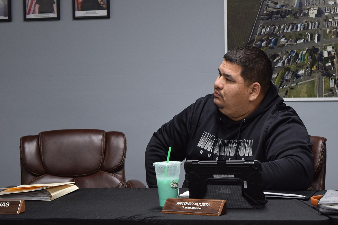 Mattawa City Council member Antonio Acosta participates in council discussion during Thursday’s regular council meeting, during which the council decided to keep prohibiting cargo containers as well as to increase the city’s fee schedule.