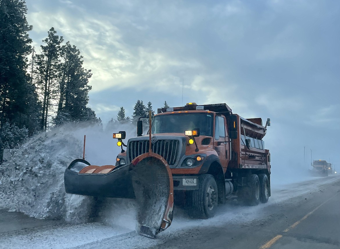 A snow plow clears the way along U.S. 93 south of Kalispell on Tuesday, Jan. 9, 2024. (Matt Baldwin/Daily Inter Lake)