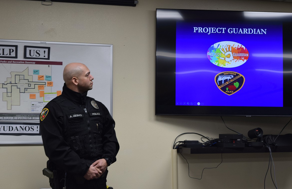 School Resource Officer Alex Zesati presents the Project Guardian program to the Mattawa City Council during Thursday evening’s regular meeting at Mattawa City Hall.