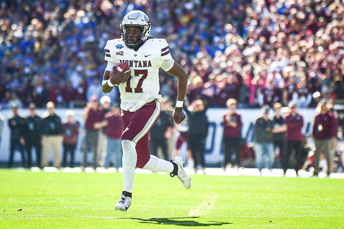 Grizzlies quarterback Clifton McDowell (17) picks up yardage on a run in the first quarter against South Dakota State in the FCS National Championship at Toyota Stadium in Frisco, Texas on Sunday, Jan. 7. (Casey Kreider/Daily Inter Lake)