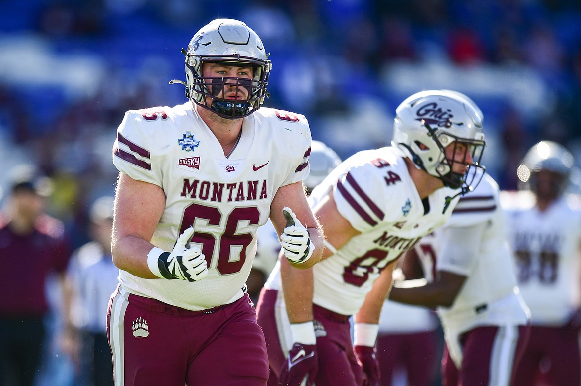 Sandpoint's Brandon Casey gets ready for an offensive series with Montana at the FCS National Championship game held in Frisco, Texas on Sunday, Jan. 7. The Grizzlies fell to the Jackrabbits, 23-3, after one of their best season's in program history.