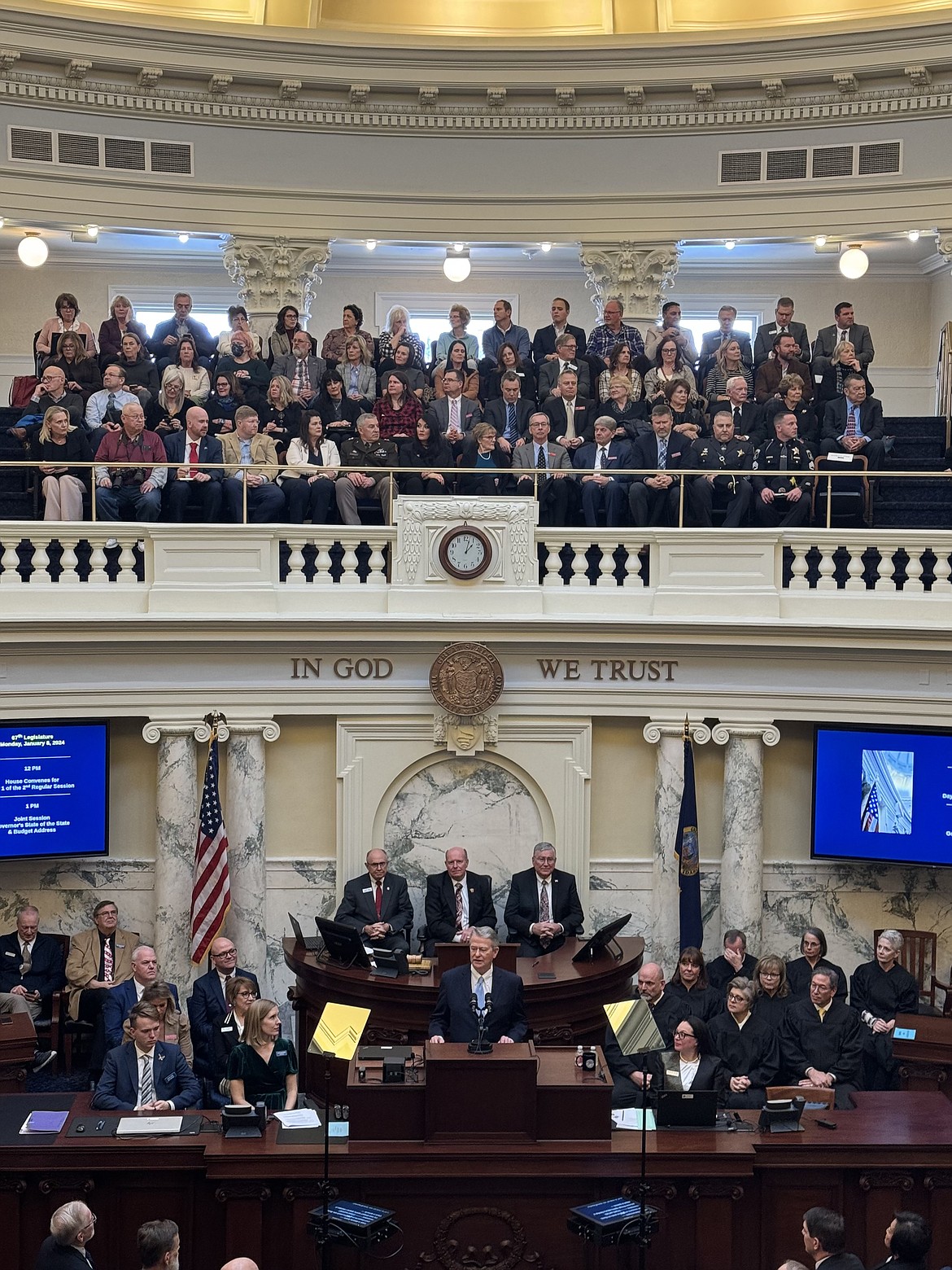 Idaho Gov. Brad Little addresses the Idaho Legislature, state officials and members of the public as he outlines his goal for the coming legislative session during Monday's State of the State address.