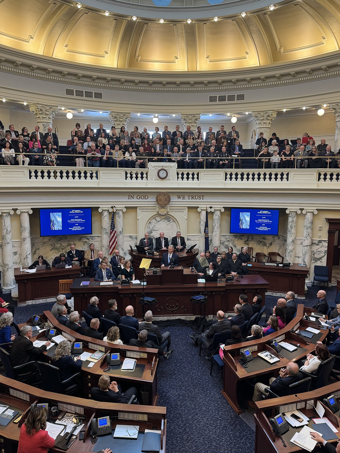 Idaho Gov. Brad Little addresses the Idaho Legislature, state officials and members of the public as he outlines his goal for the coming legislative session during Monday's State of the State address.