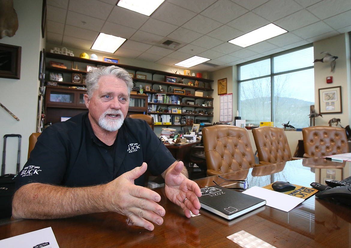 CJ Buck, chairman and CEO of Buck Knives Inc., discusses the company's family history and successes while seated in his office in Post Falls. Buck represents the fourth generation to lead the company.