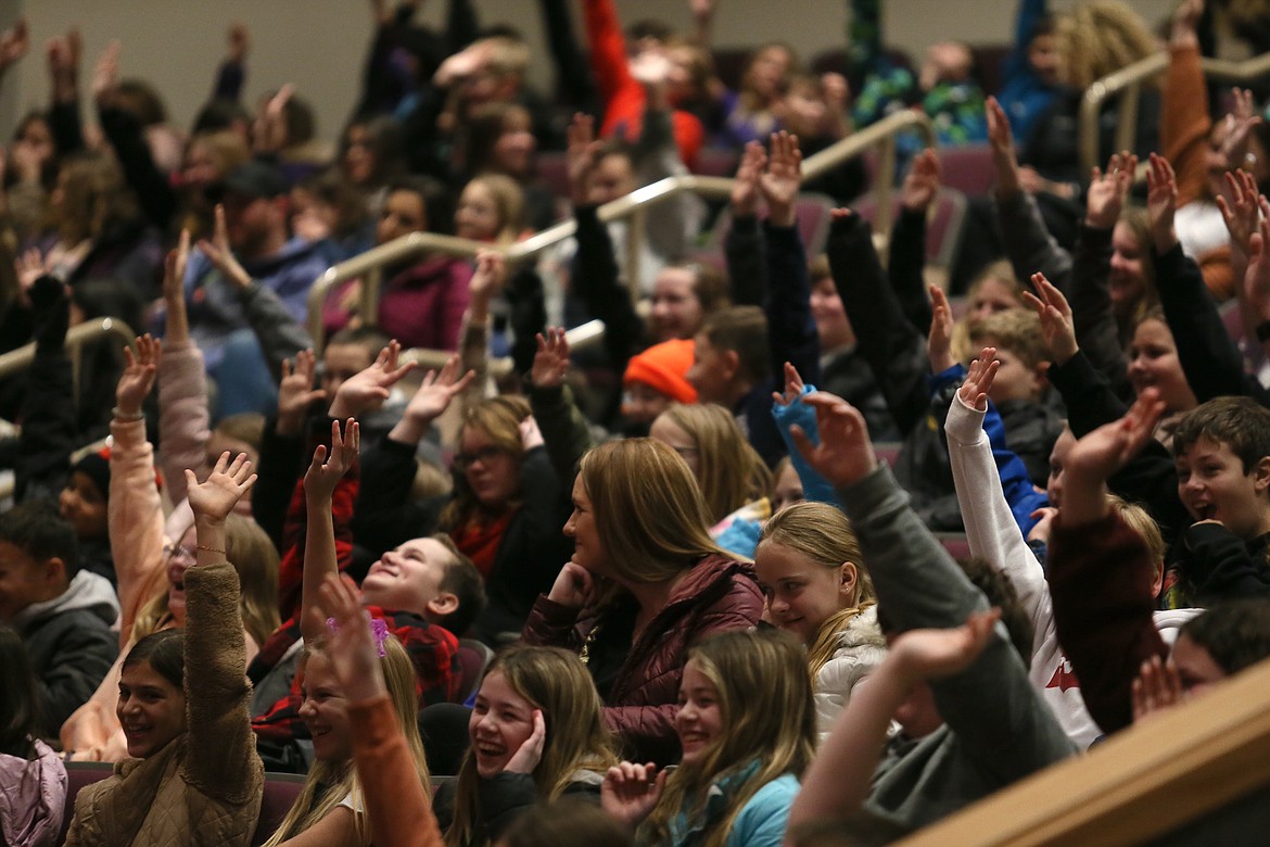 Students react to Stu Cabe's presentation Thursday morning during the Kootenai County Task Force on Human Relations' annual Martin Luther King Jr. fifth grade program at Post Falls High School.