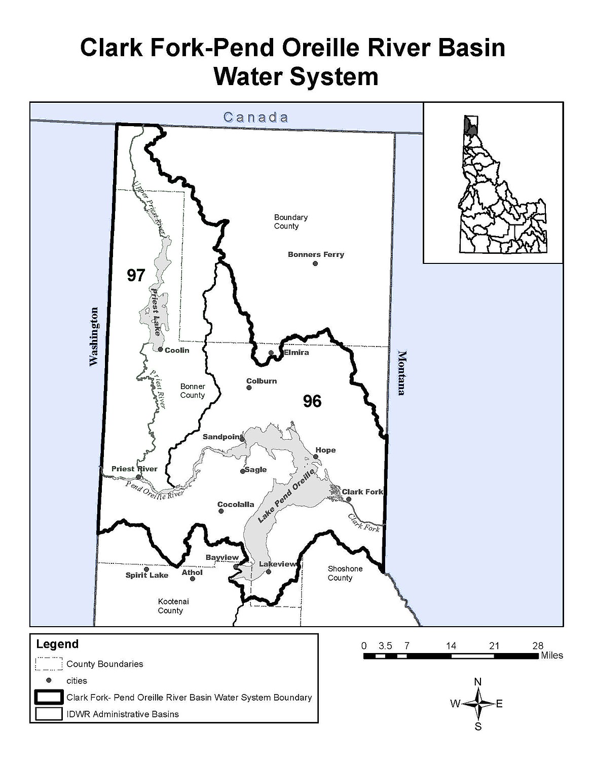 A graphic by the Idaho Department of Water Resources showing the water district map in northern Idaho. District 96 and 97 are located in Bonner County.