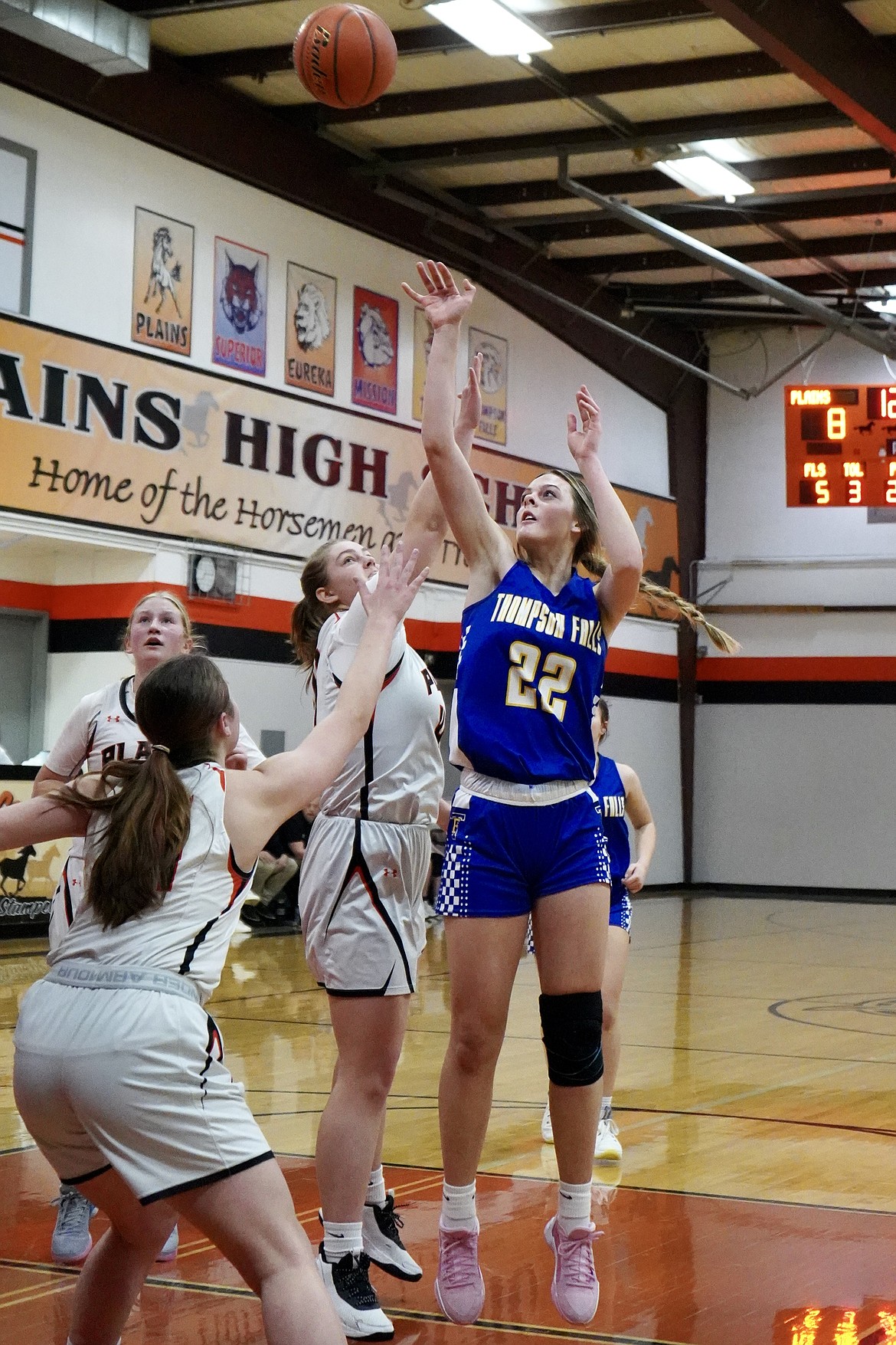 Thompson Falls 5-11 sophomore forward elevates for a shot against Sanders County rival Plains during their game this past Thursday in Plains.  (Courtesy photo)