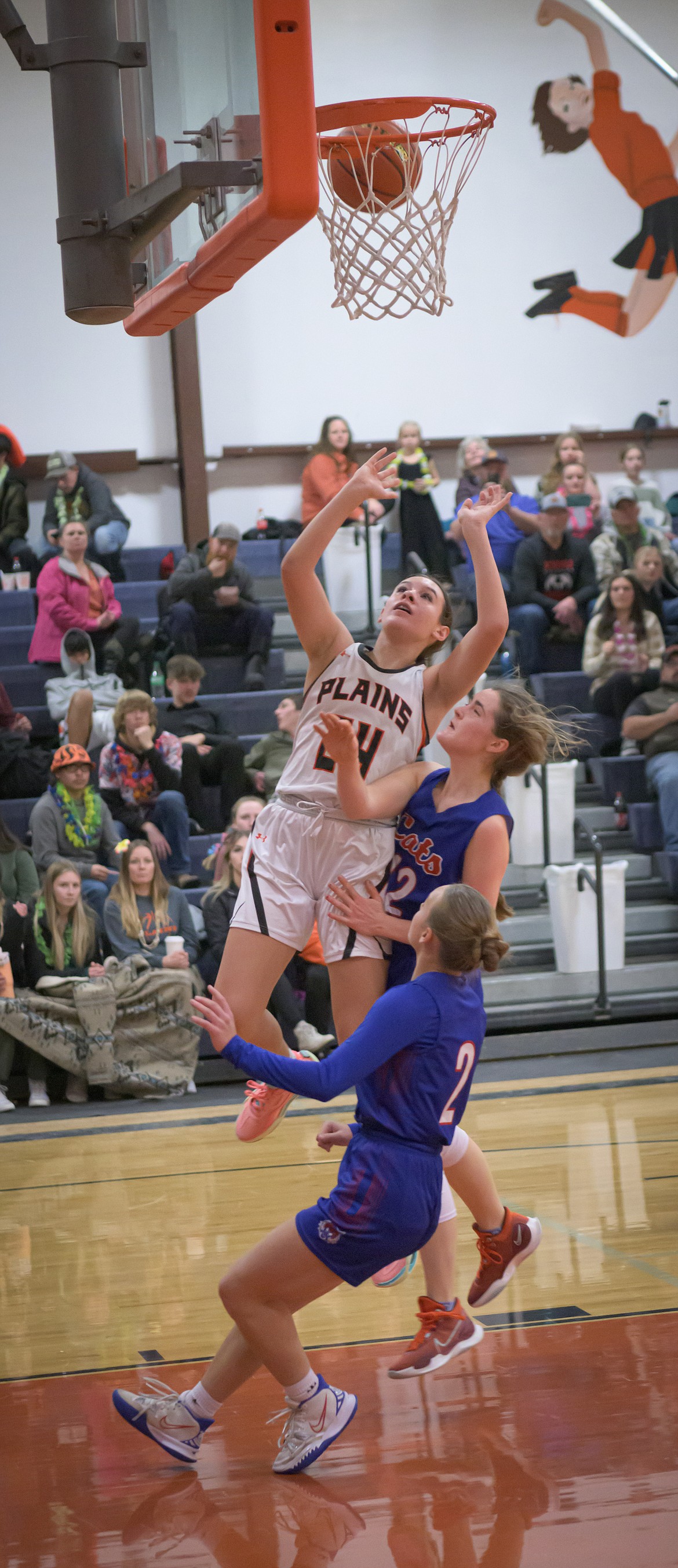 Trotter's forward Kristen Subatch scores two of her team high 12 points over Superior's Josie Crabb and Alysha Ryan (2) during their game Friday night in Plains. (Photo by Tracy Scott)