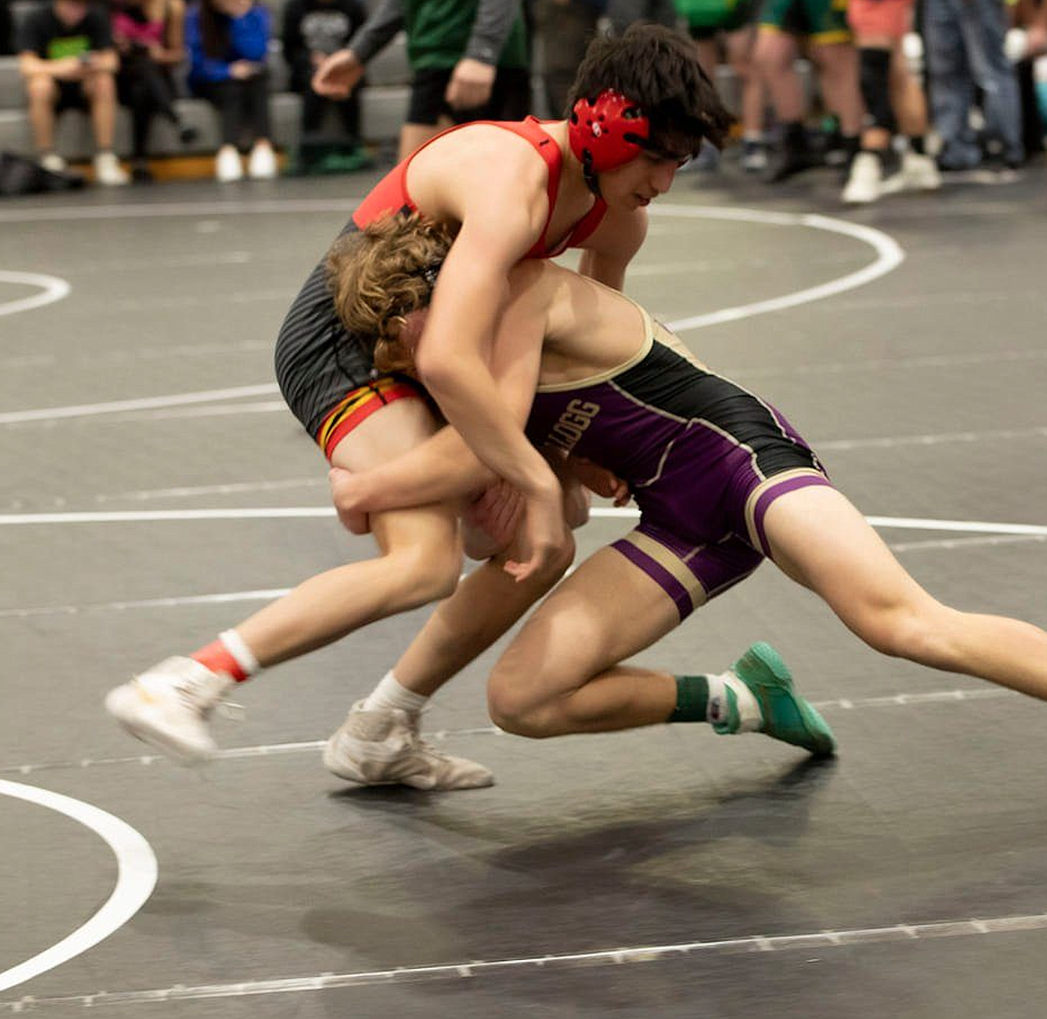 Kellogg's Kolter Wood shoots in on an opponent during his recent undefeated run at the River City Duals in Post Falls.