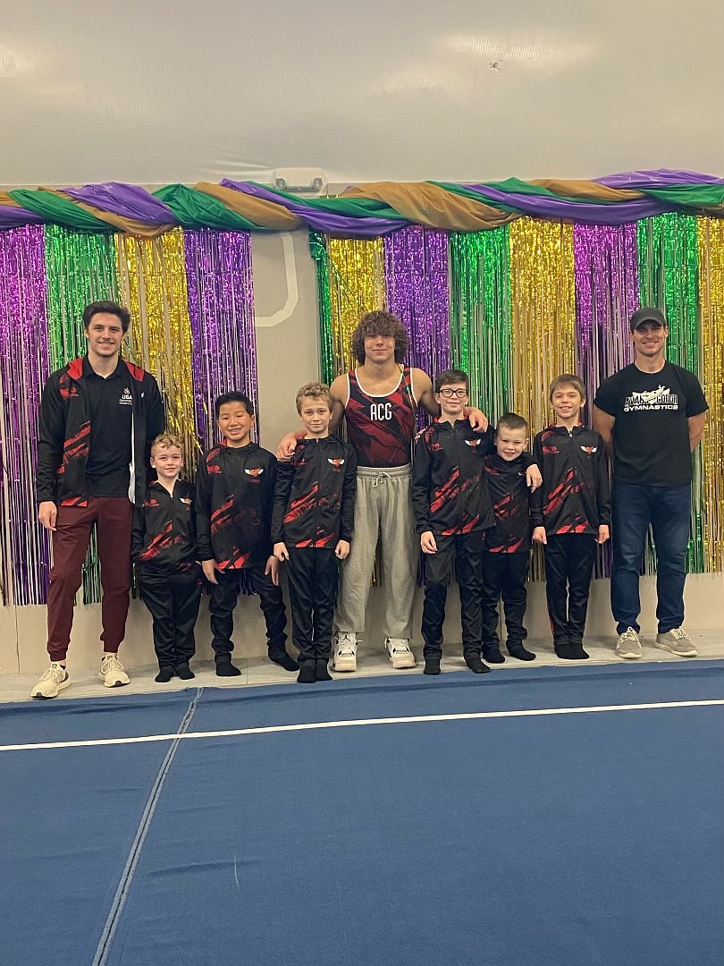 Courtesy photo
Avant Coeur Gymnastics Level 3 and 4 boys at the Dynamic Flip Festival in Spokane. From left are coach Matt Auerbach, Jakob Clinton, Preston Pool, Kason Dellara, coach Conan Tapia, Ray Brown, Derek Remelski, Eric Newell and coach Troy.